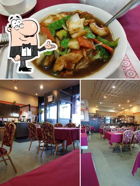 Take a look at the image displaying interior and food at Sampan Restaurant