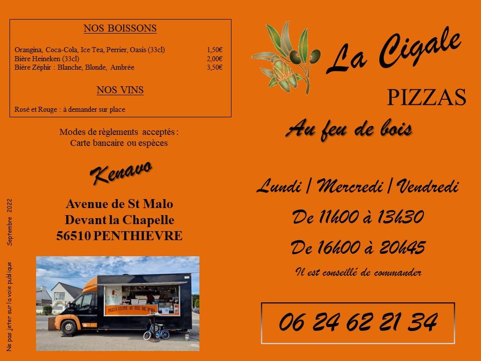 Menu at La Cigale pizzeria, Saint-Pierre-Quiberon