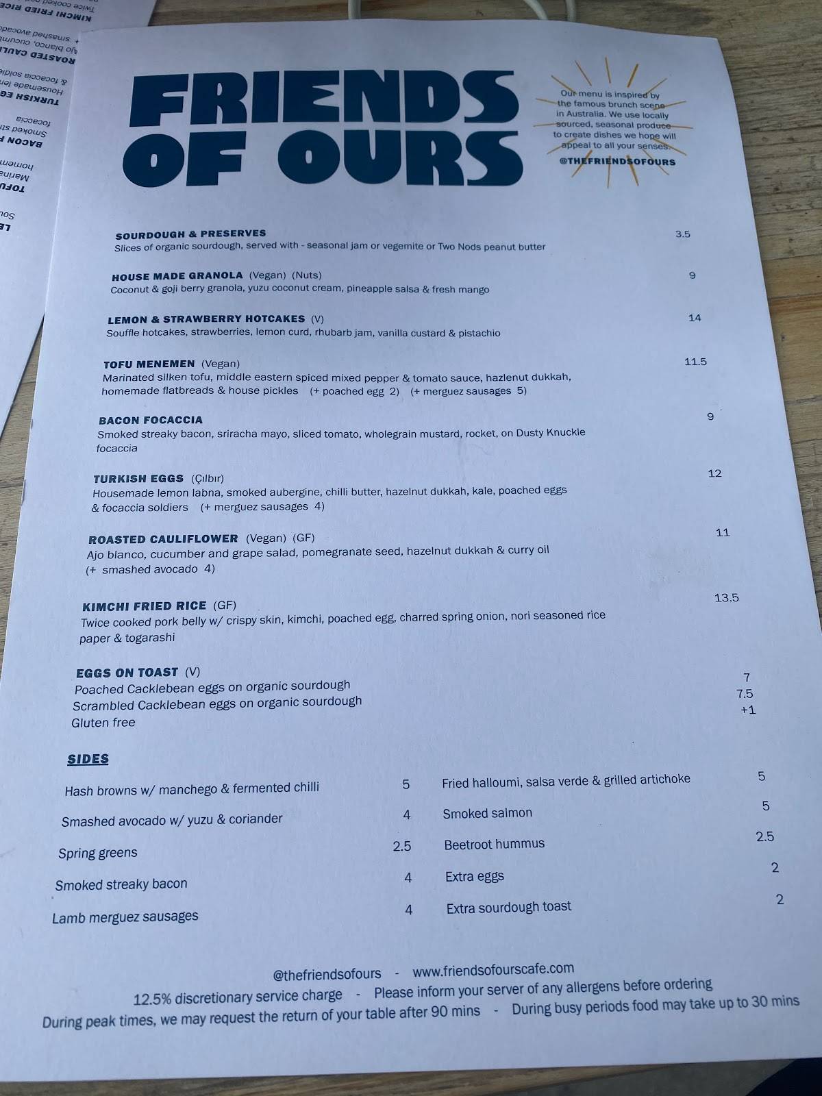 Menu at Friends of Ours cafe, London, 61 Pitfield St