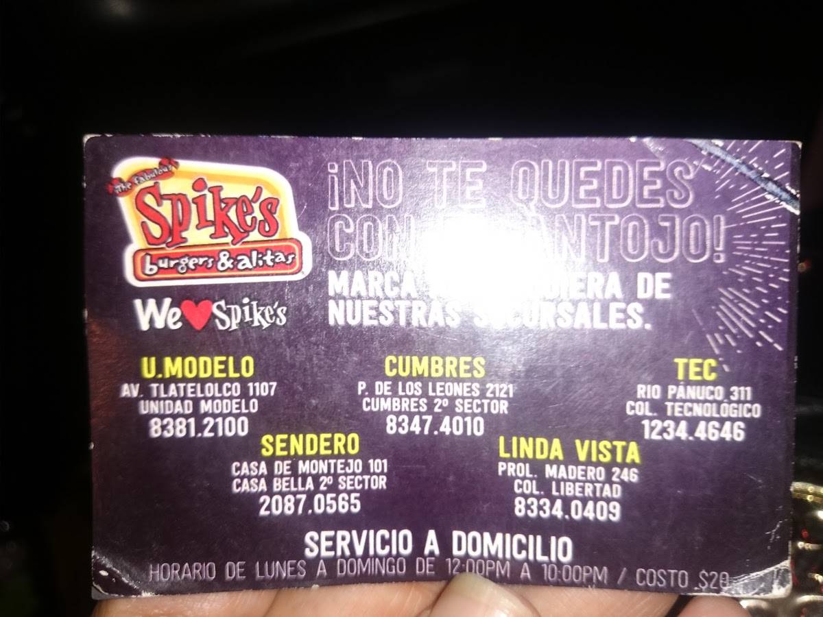 Menu at Spike's U. Modelo fast food, Monterrey, Tlatelolco #1107