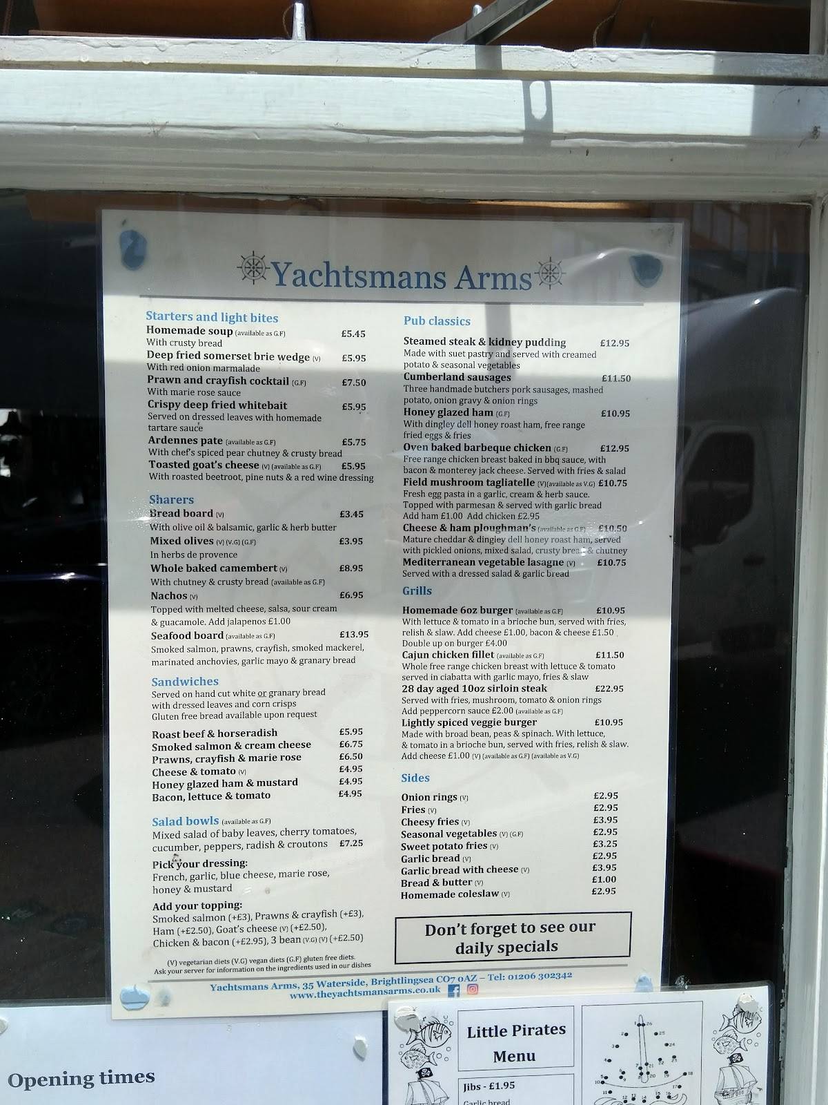 Yachtsmans Arms Brightlingsea menu