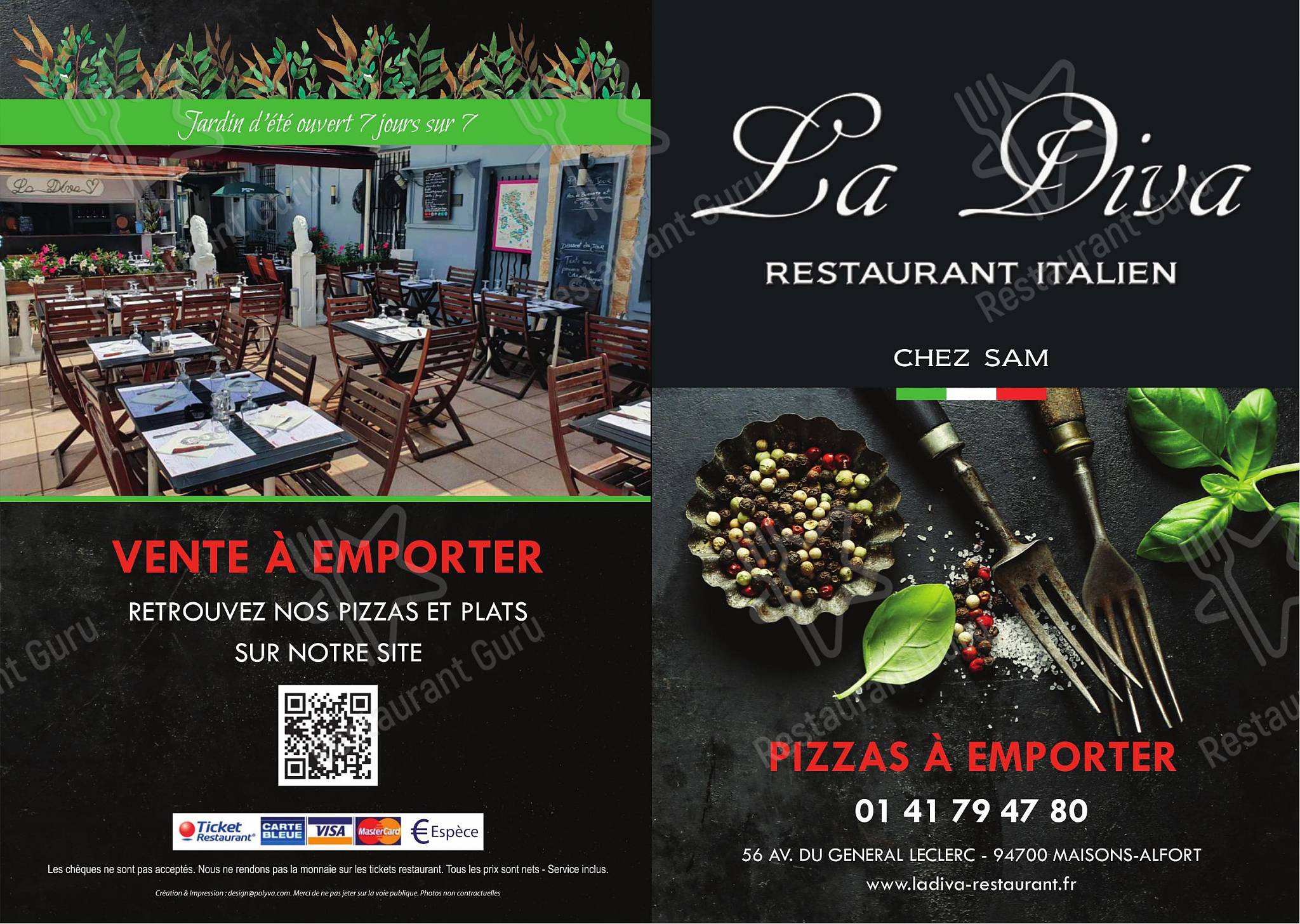Definere ramme balance Menu at La Diva Chez Sam. restaurant, Maisons-Alfort, 56 Av. du Général  Leclerc