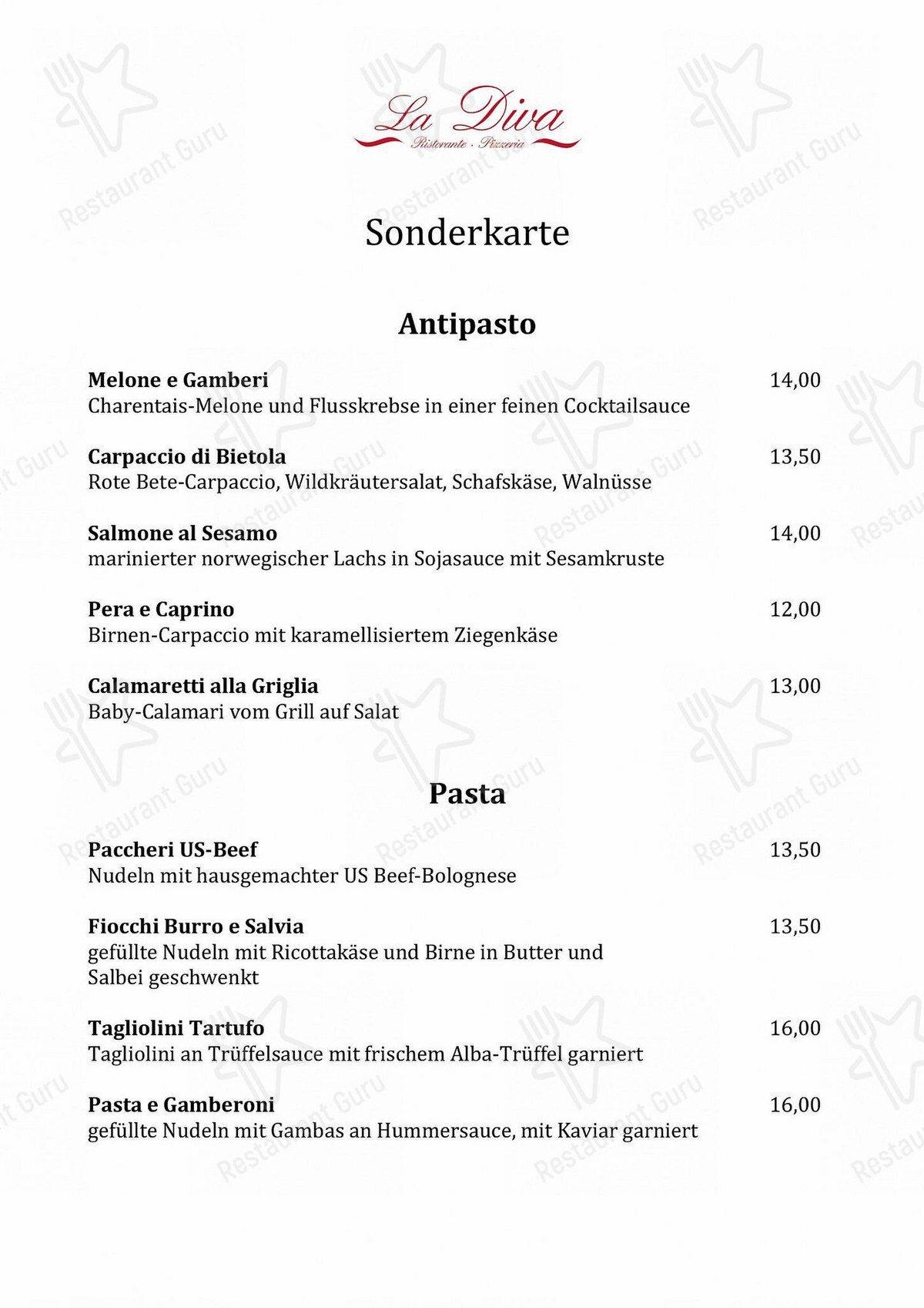 Menu at Restaurant Diva, Mülheim