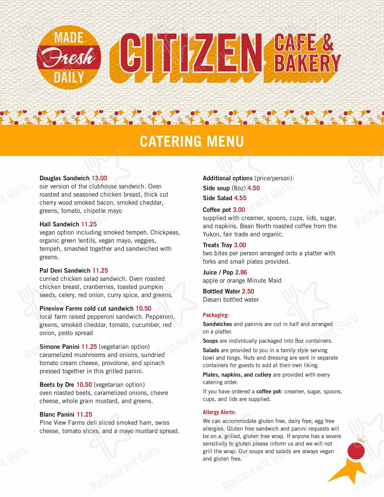 Menu at Citizen Cafe and Bakery, Saskatoon
