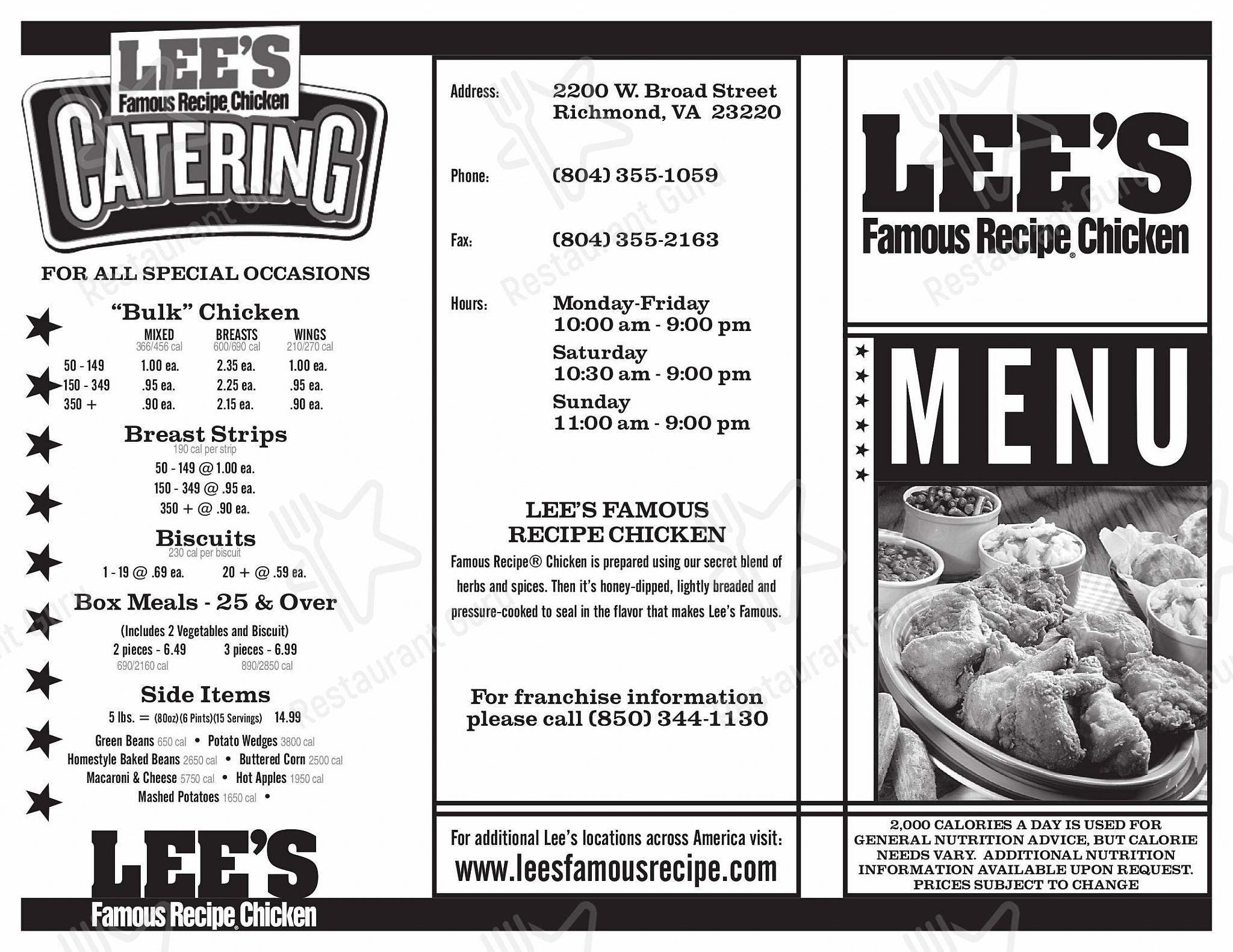Menu at Lee's Famous Recipe Chicken fast food, Richmond
