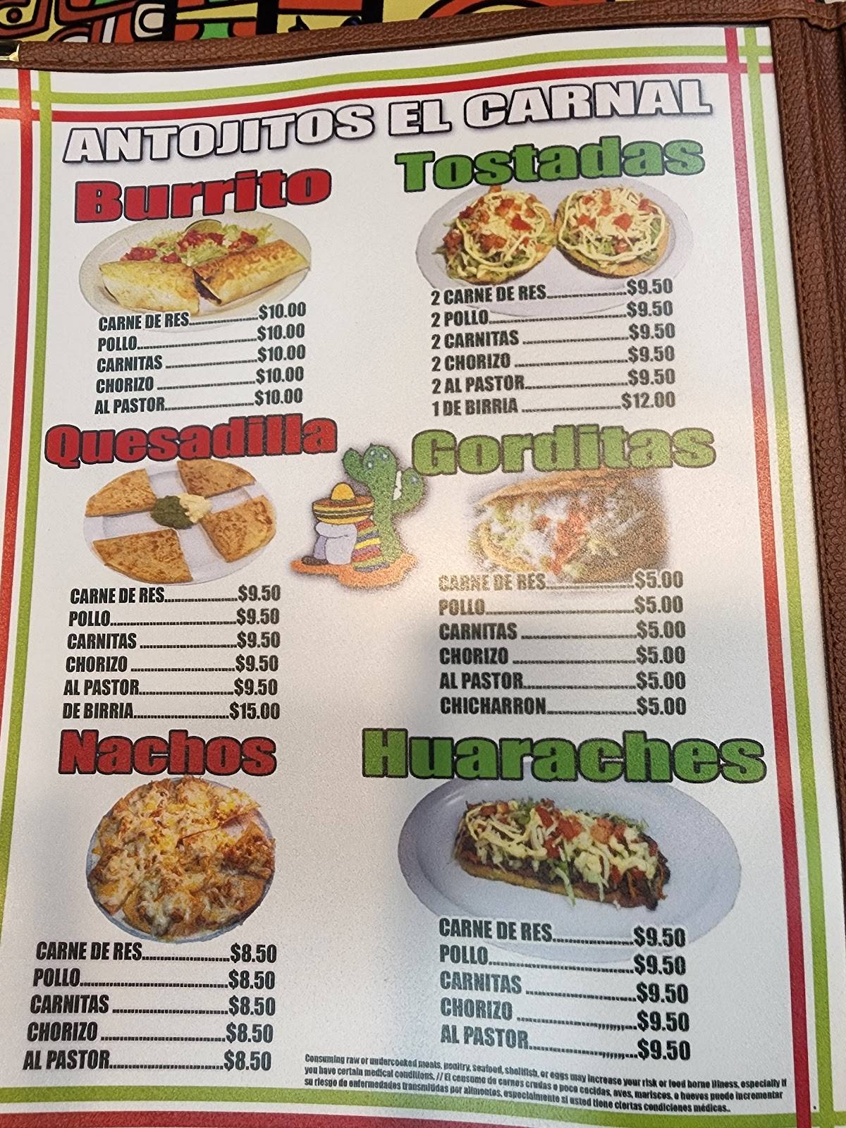 Menu at Tacos El Carnal restaurant, Miami, 2601 W Flagler St