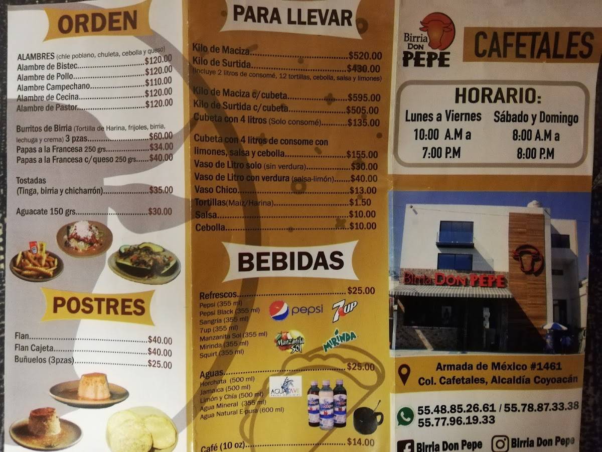 Menu at Birria Don Pepe (Sucursal Cafetales), Mexico City