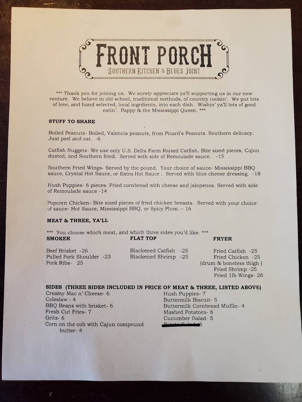 Front Porch Southern Kitchen And Blues Joint Restaurant Menu 
