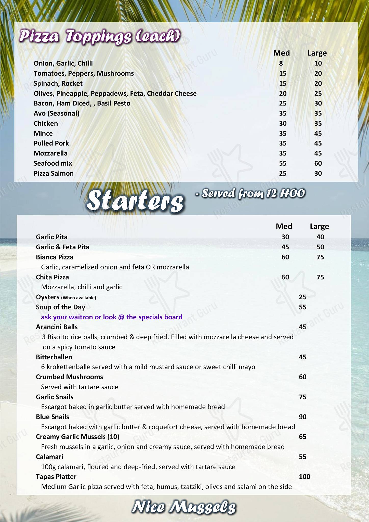 langebaan yacht club menu