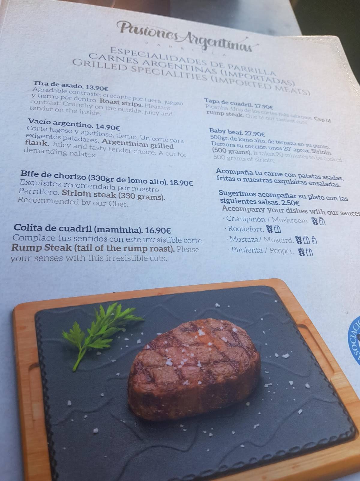 Extracto sostén Marchitar Menu at Restaurante Pasiones Argentinas, Las Rozas de Madrid, C. París