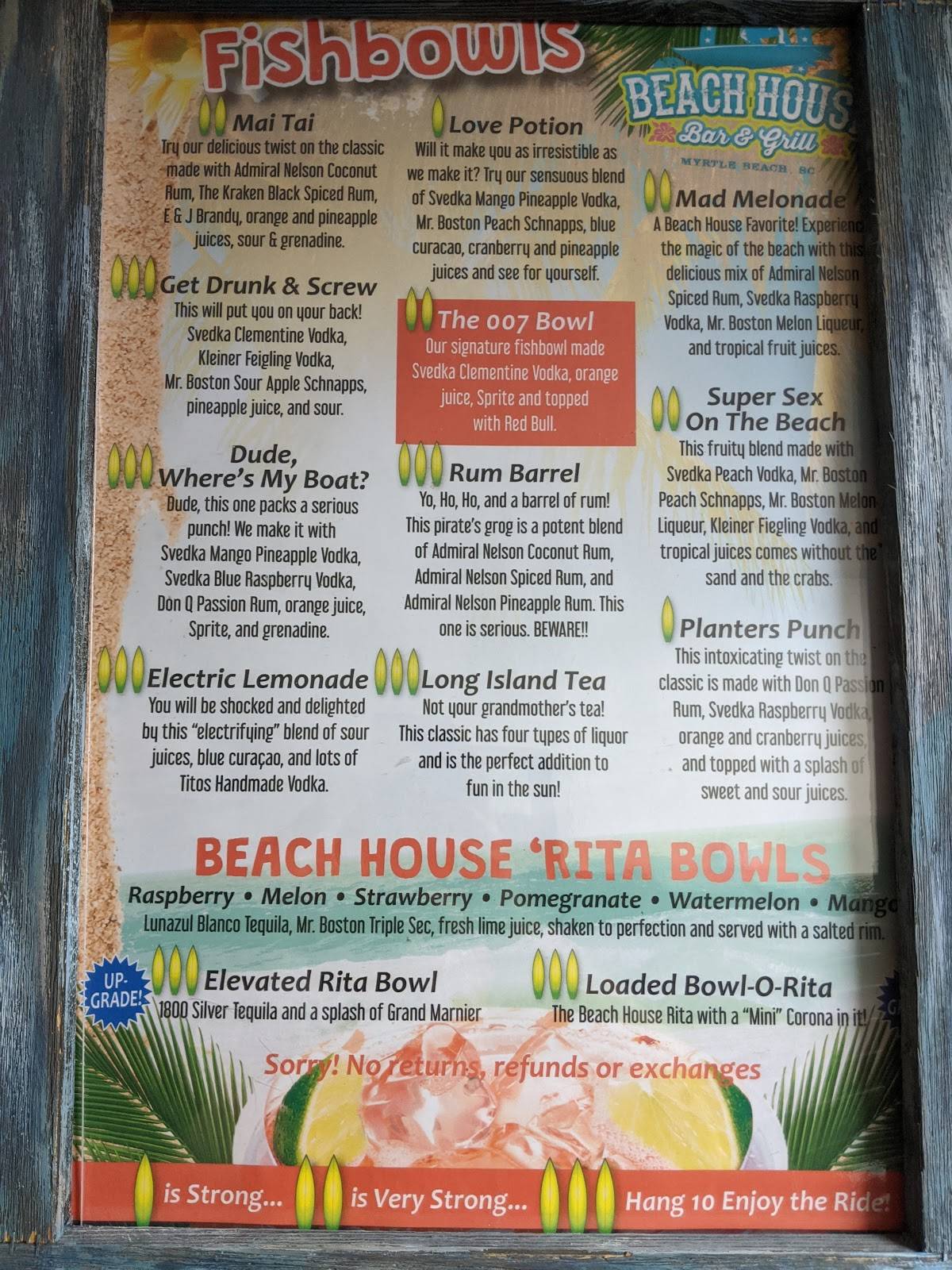 Carta de Beach House Bar and Grill, Myrtle Beach, N Ocean Blvd