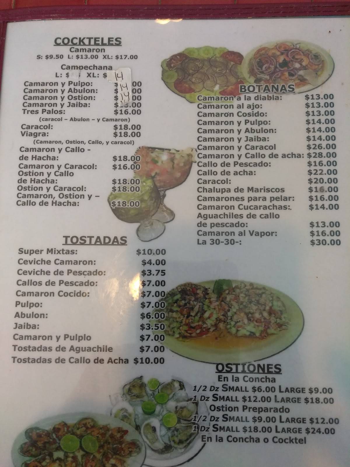 Menu at Mariscos El Ostion restaurant, Pomona