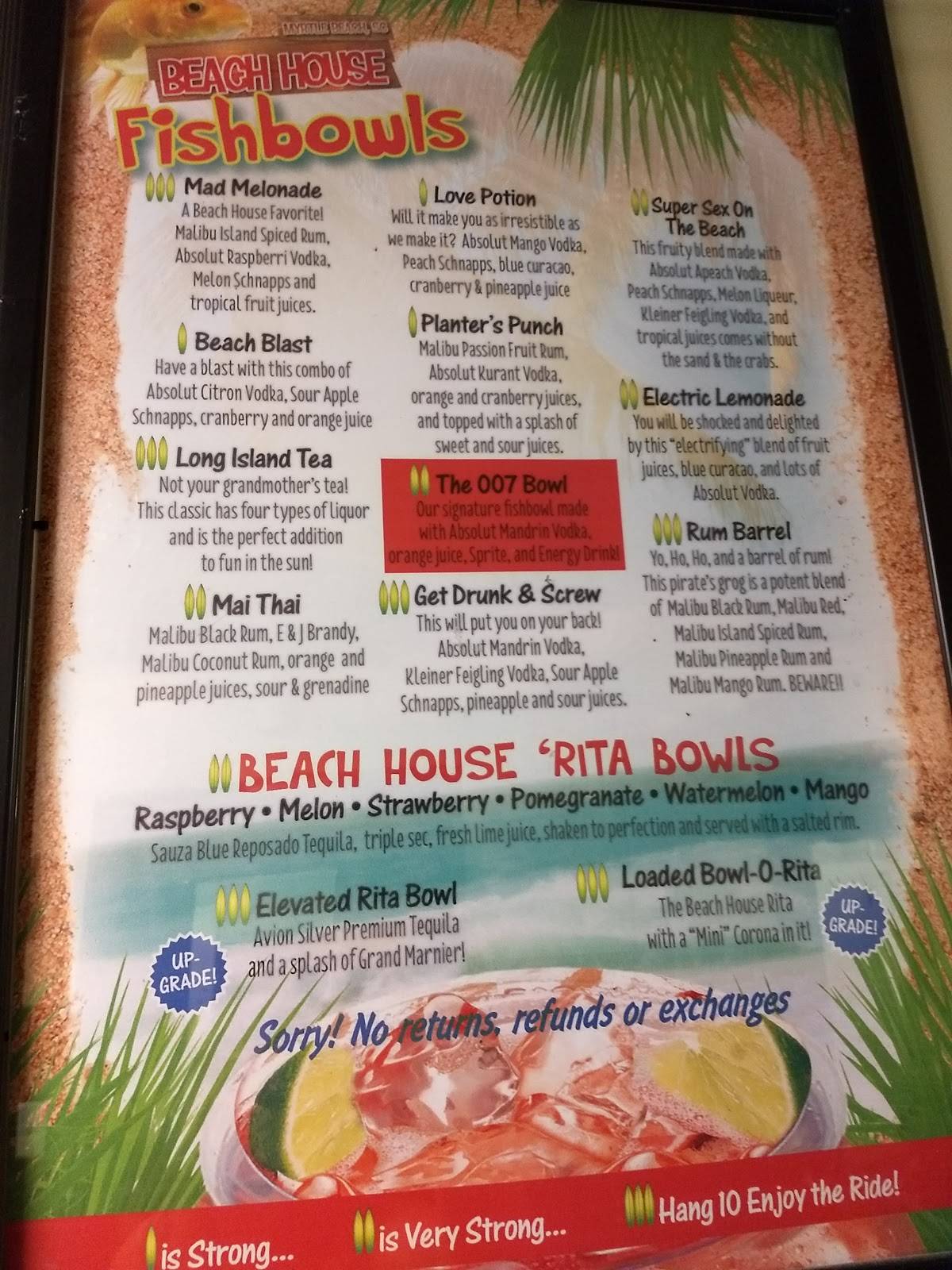 Carta de Beach House Bar and Grill, Myrtle Beach, N Ocean Blvd image