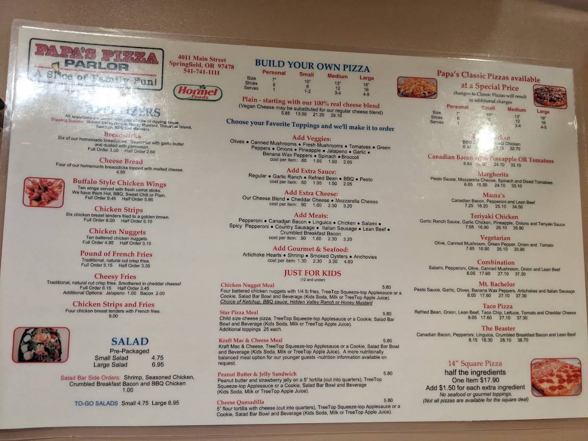 Corvallis Menu - Papa's Pizza Parlor