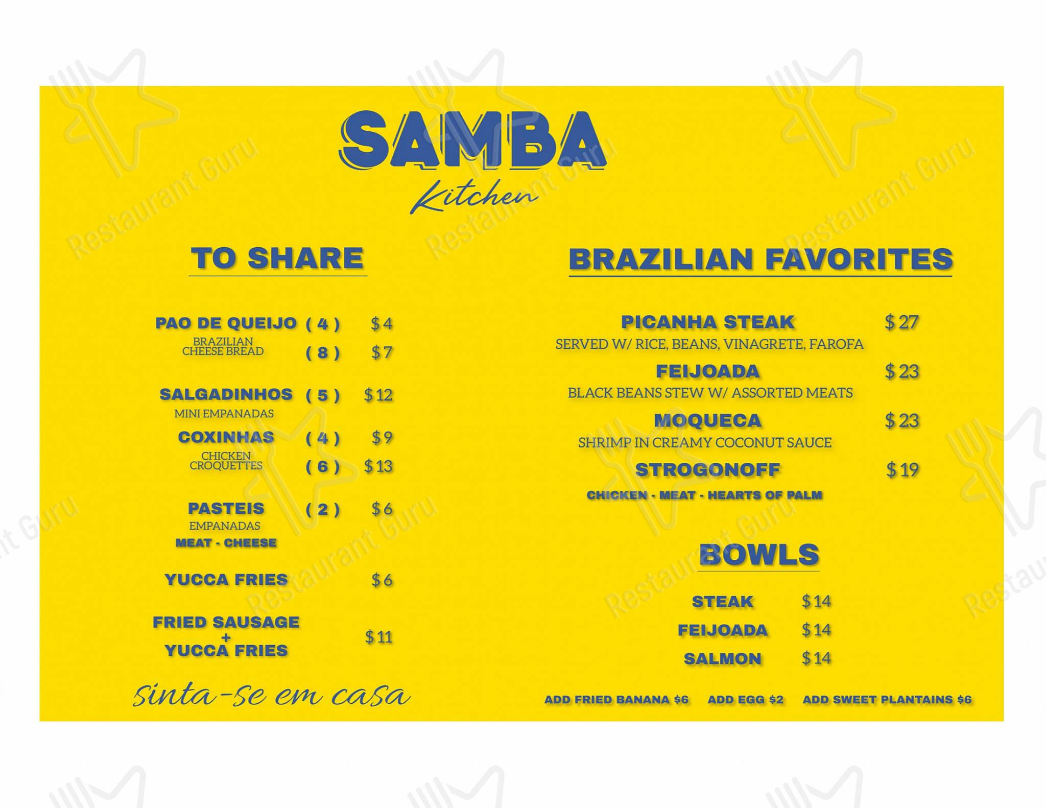 samba kitchen and bar nyc menu