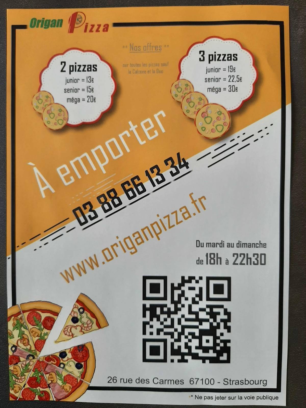 Menu at Origan Pizza pizzeria, Strasbourg
