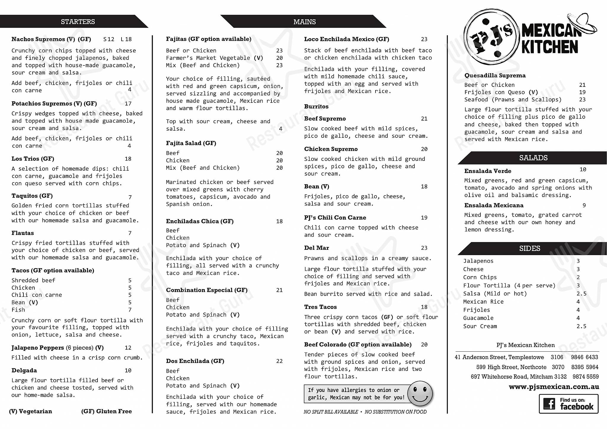 Menu Of Pjs Mexican Kitchen Mitcham Restaurant Mitcham Reviews And Ratings