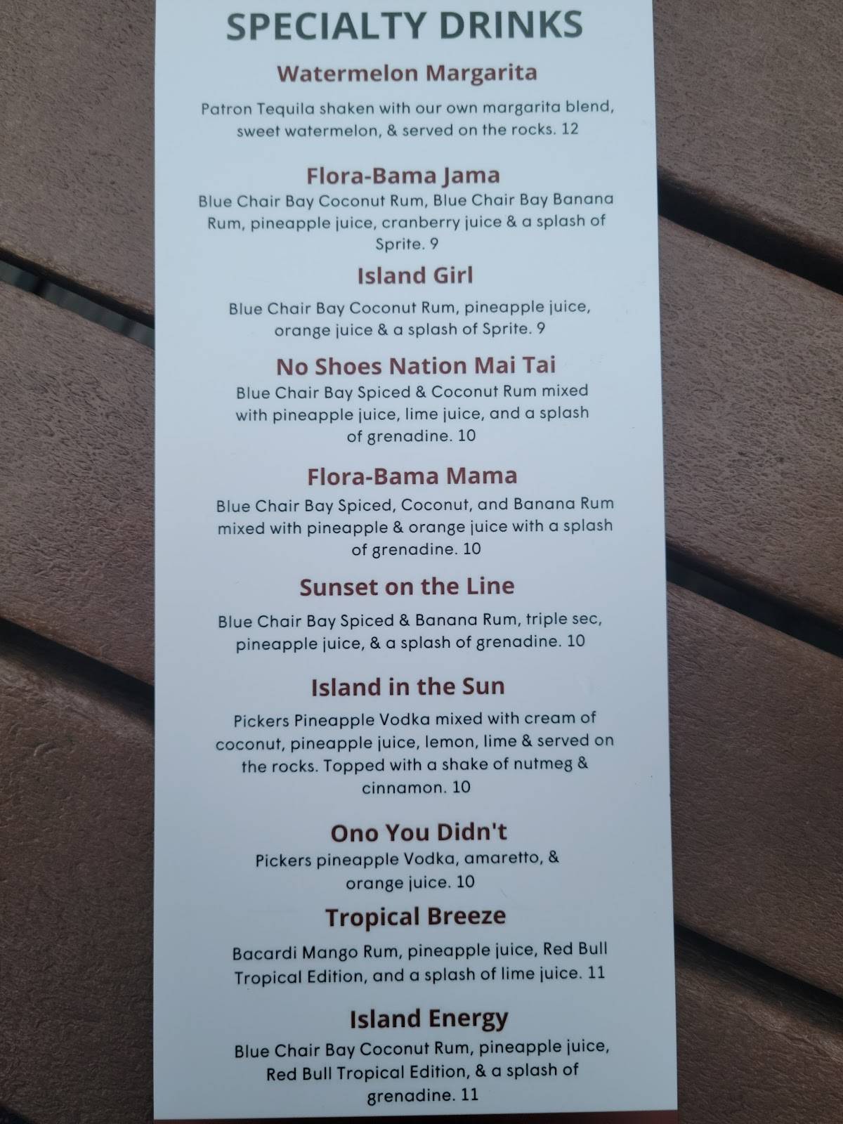 The Flora-Bama Yacht Club menu