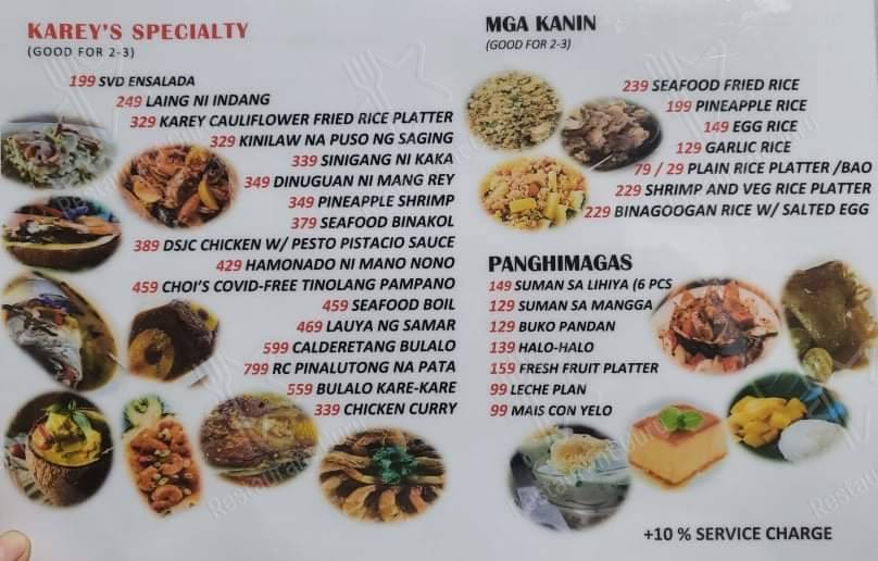 Menu At Ka Rey Seafood Sa Kubo Restaurant Tagaytay