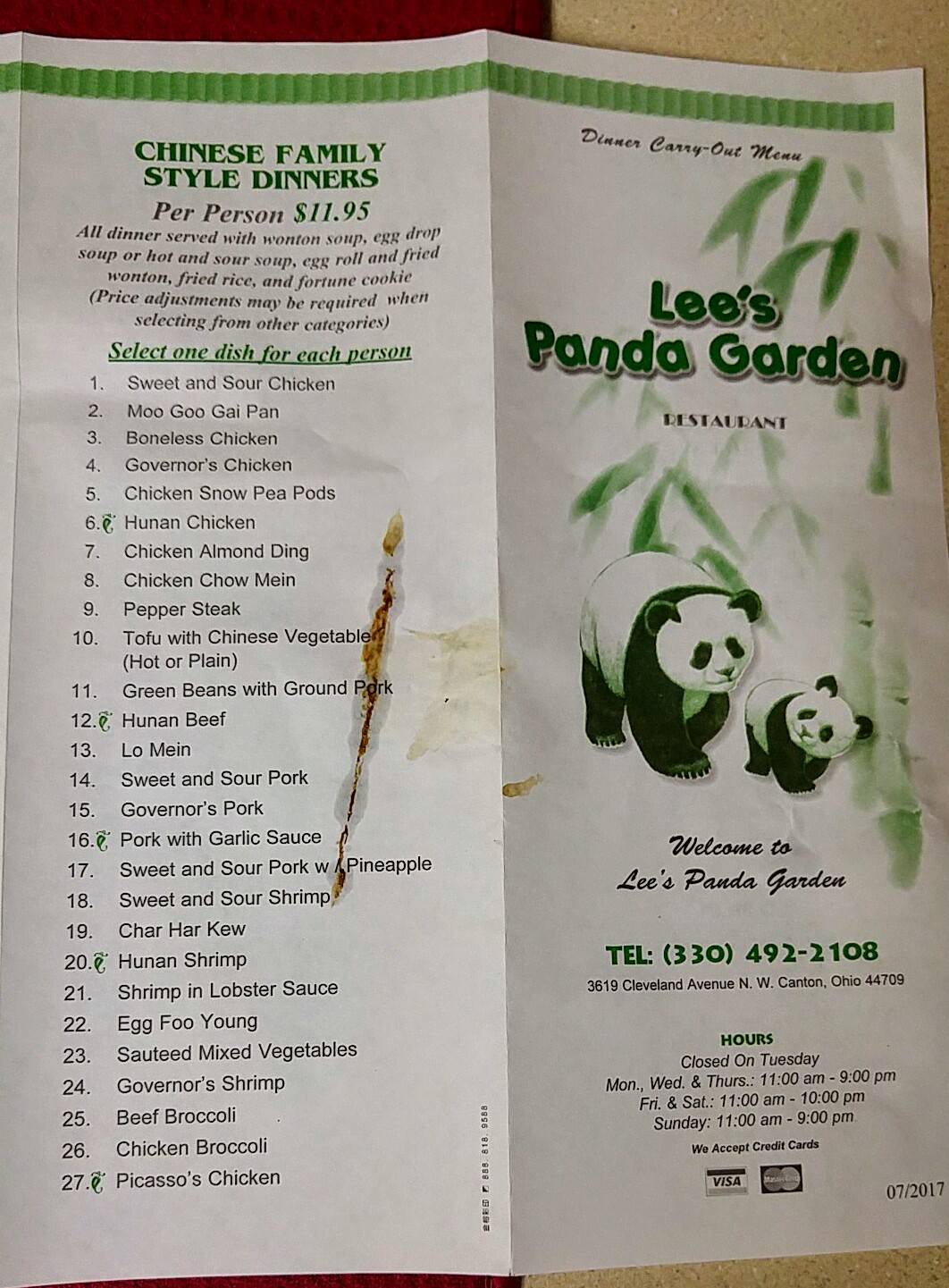 Menu at Lee's Panda Garden restaurant, Canton