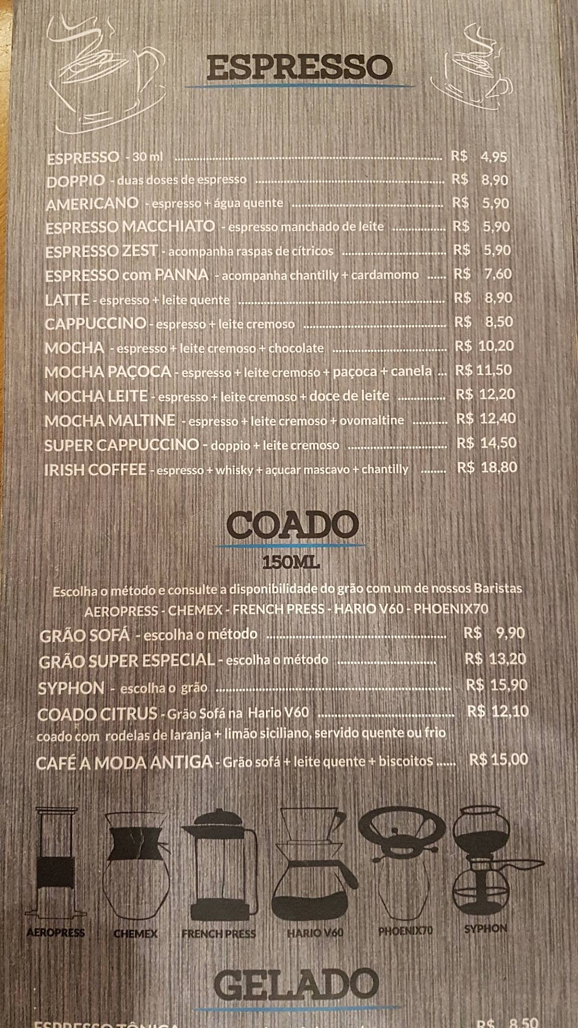 Menu at Sofá Café, Rio de Janeiro