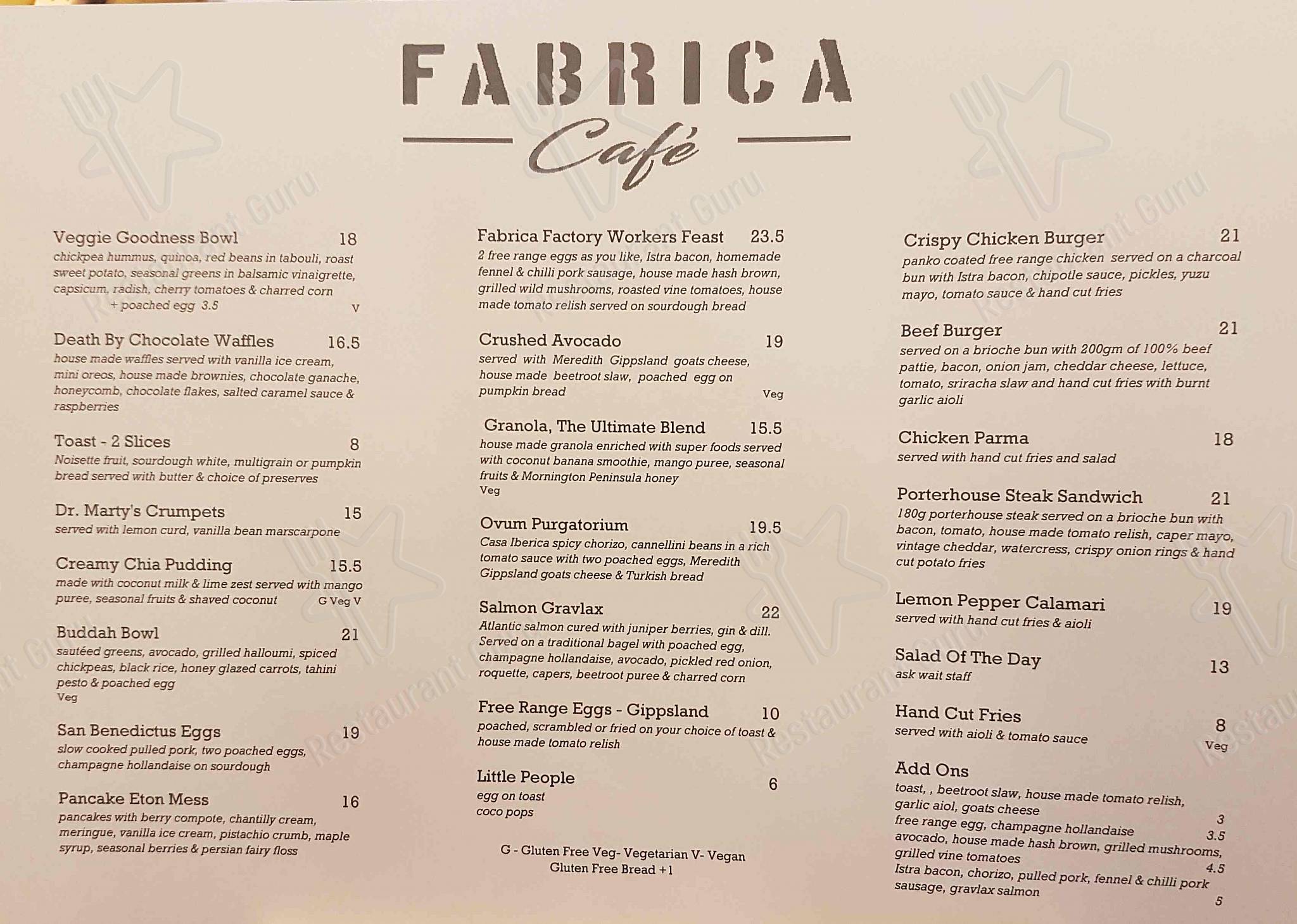 Menu at Fabrica Cafe, Fitzroy