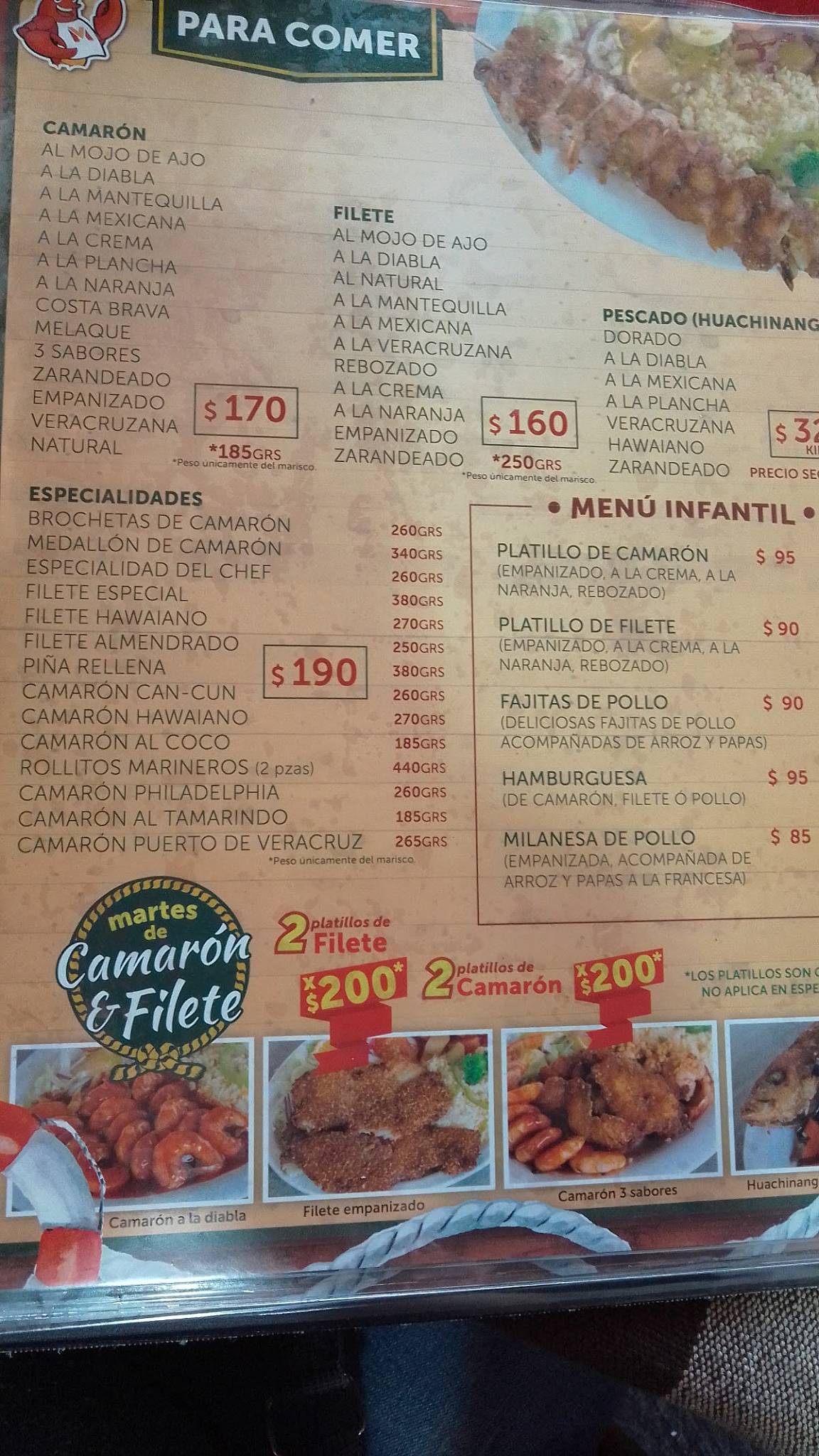 Carta del restaurante Mariscos Puerto del Veracruz, Guadalajara, Av Río Nilo  2655