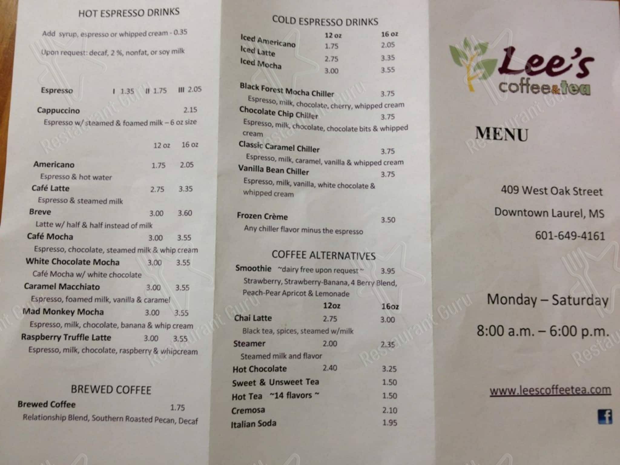 Menu at Lee's Coffee & Tea cafe, Laurel