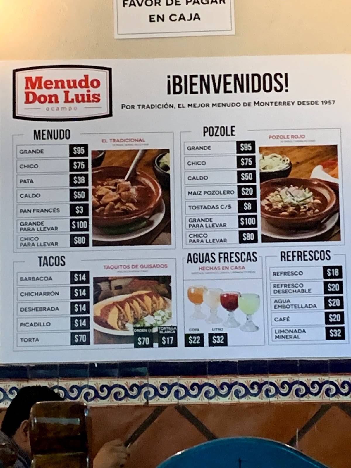 Carta del restaurante MENUDO Don Luis, Monterrey, Melchor Ocampo 639