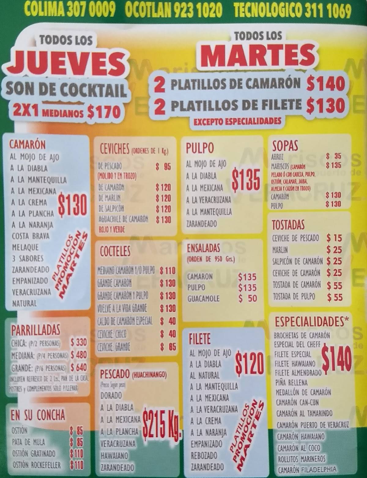Carta del restaurante Mariscos Puerto del Veracruz, Guadalajara, Av Río Nilo  2655