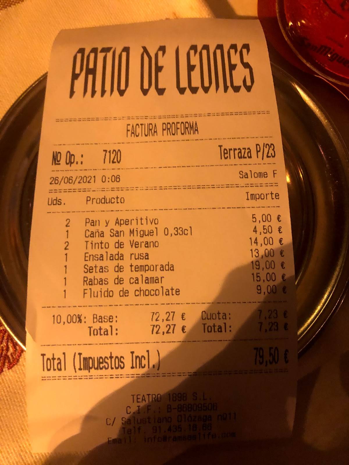 Menu at Patio de Leones restaurant, Madrid