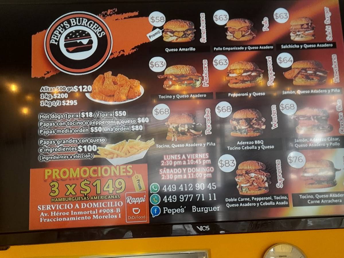 Carta del restaurante Pepe's Burgers, Aguascalientes