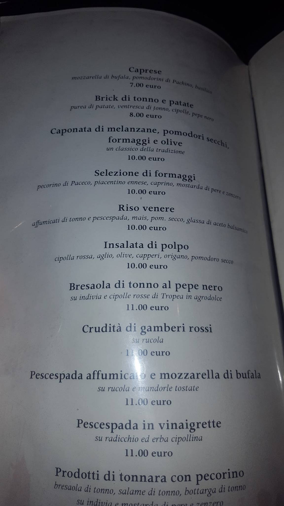 Menu at La Bettolaccia restaurant, Trapani