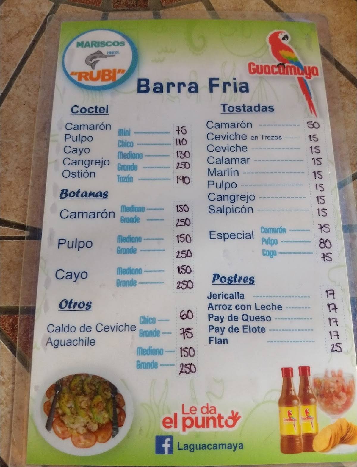 Menu at Mariscos Rubi restaurant, Guadalajara