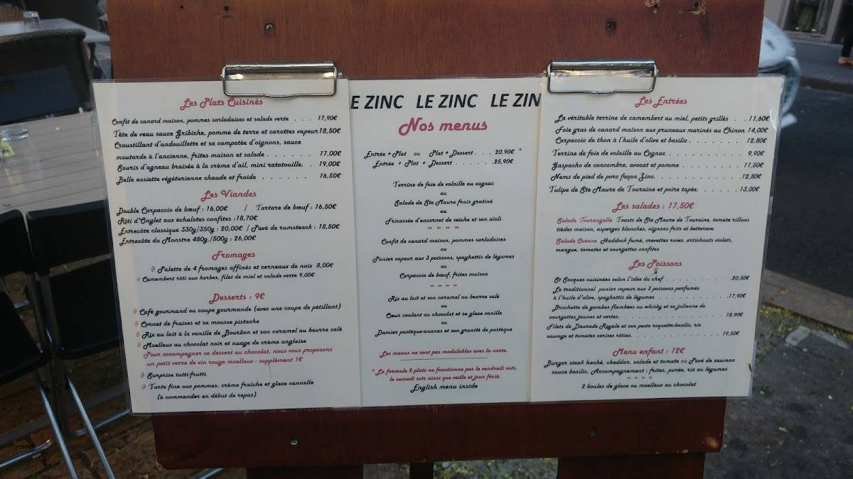 Menu de Restaurant Le Zinc Tours