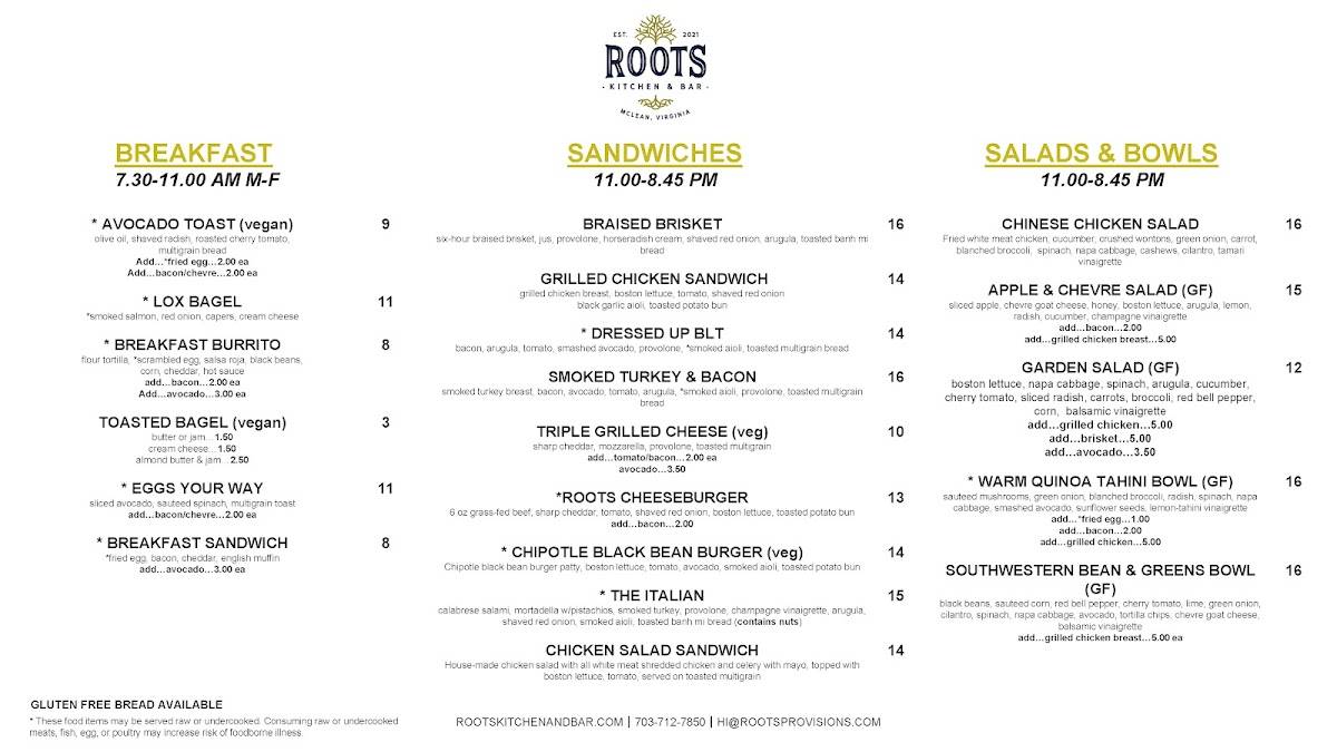 roots kitchen and bar lunch menu