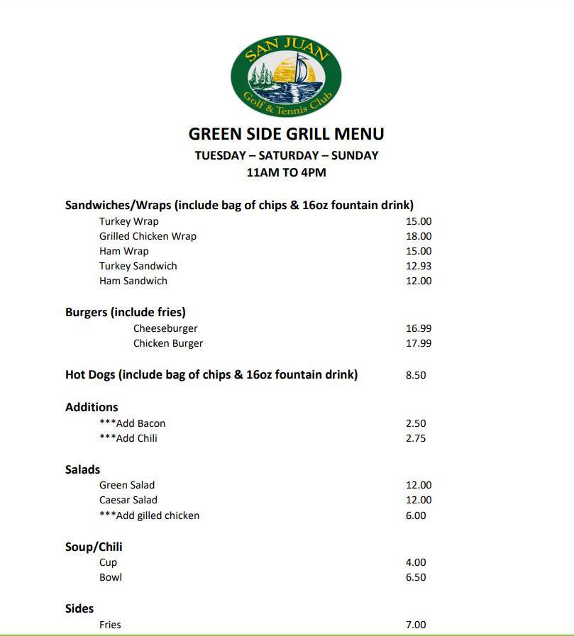 Menu At The Greenside Grill Restaurant Friday Harbor 806 Golf Course Rd