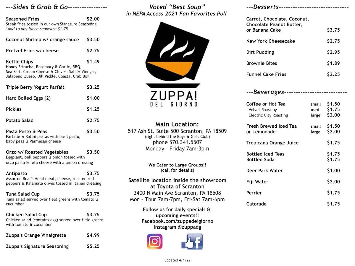 Menu at Zuppa Del Giorno restaurant, Scranton