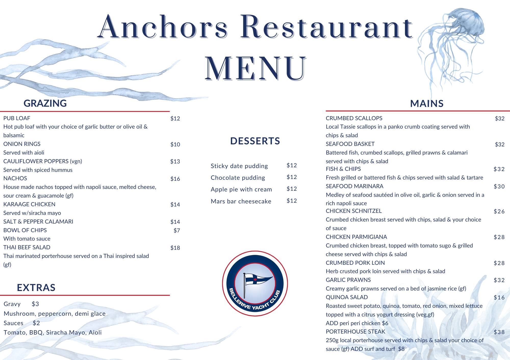 Anchors Restaurant menu