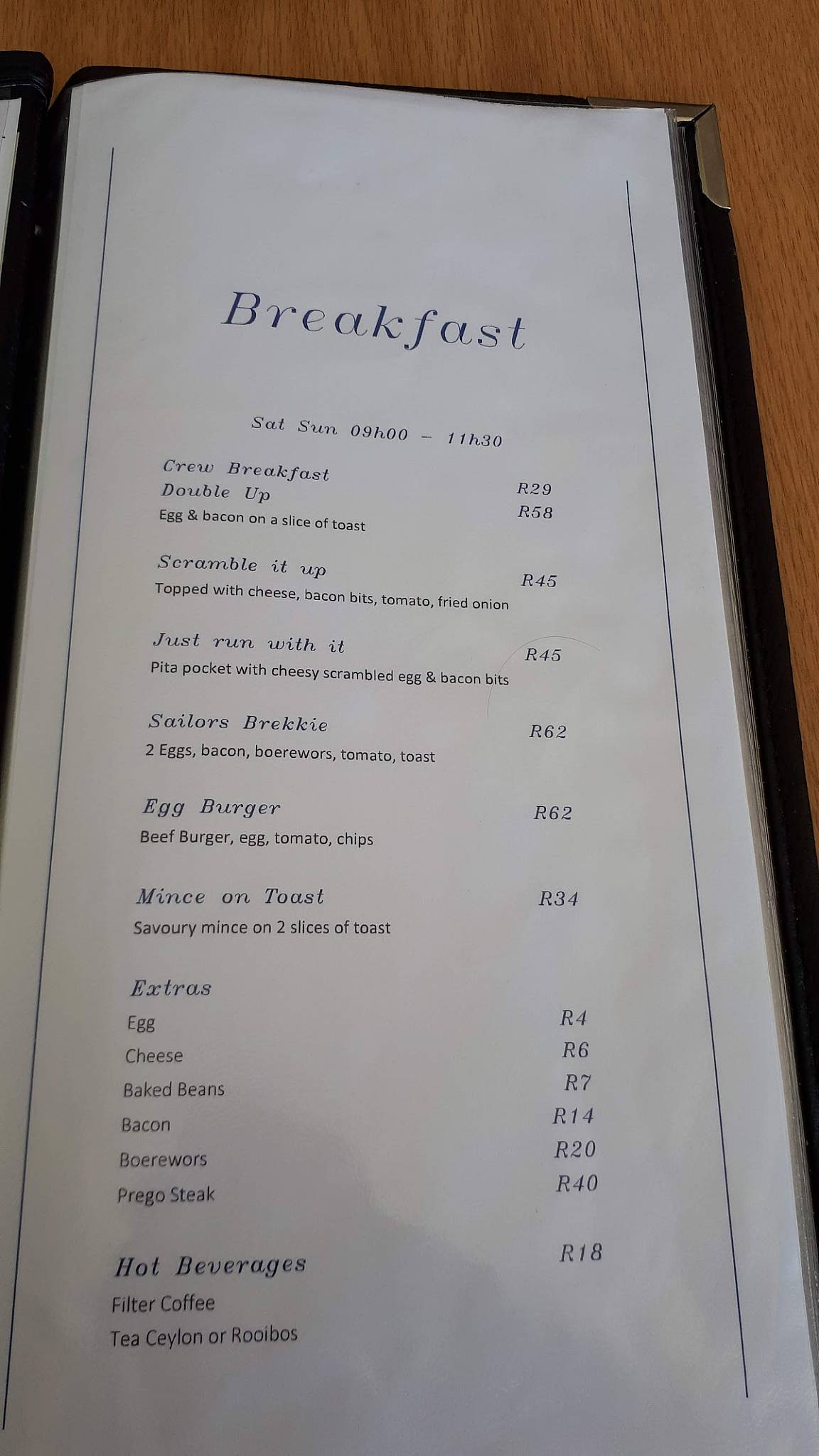Gordon's Bay Yacht Club menu