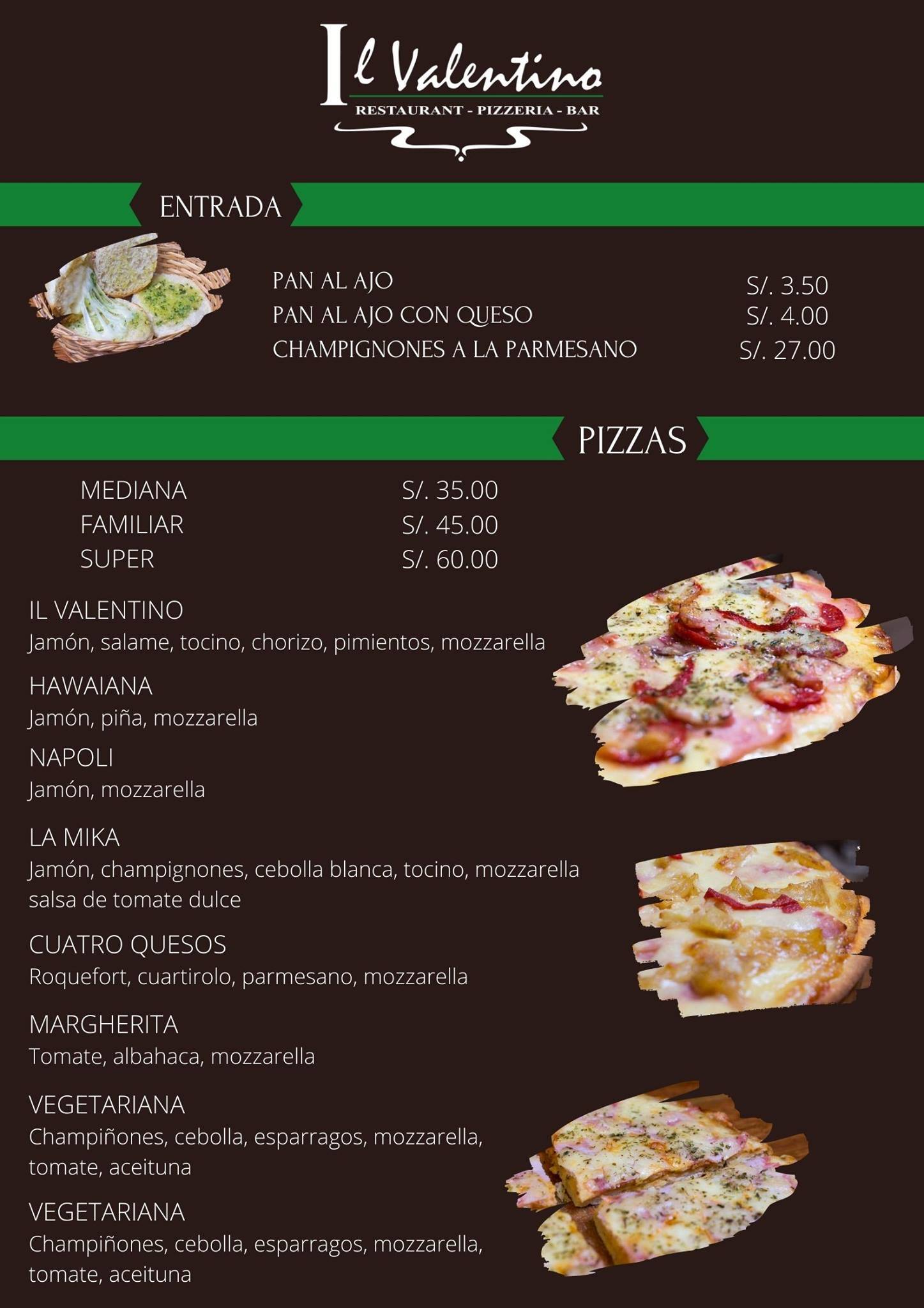 Menu at Restaurant Pizzeria Valentino, Trujillo, Jirón Orbegoso 224