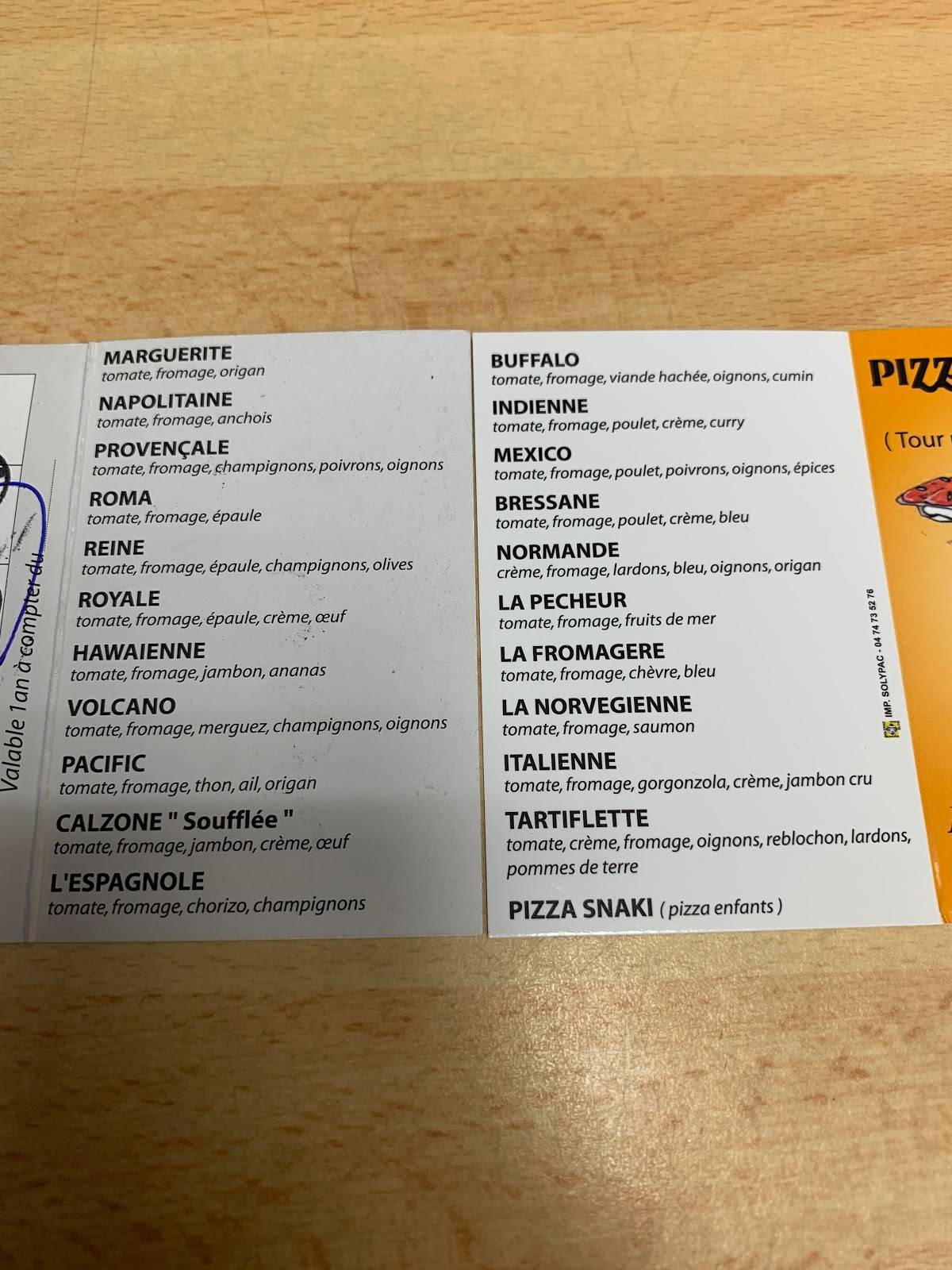 pizza de la tour sanary menu