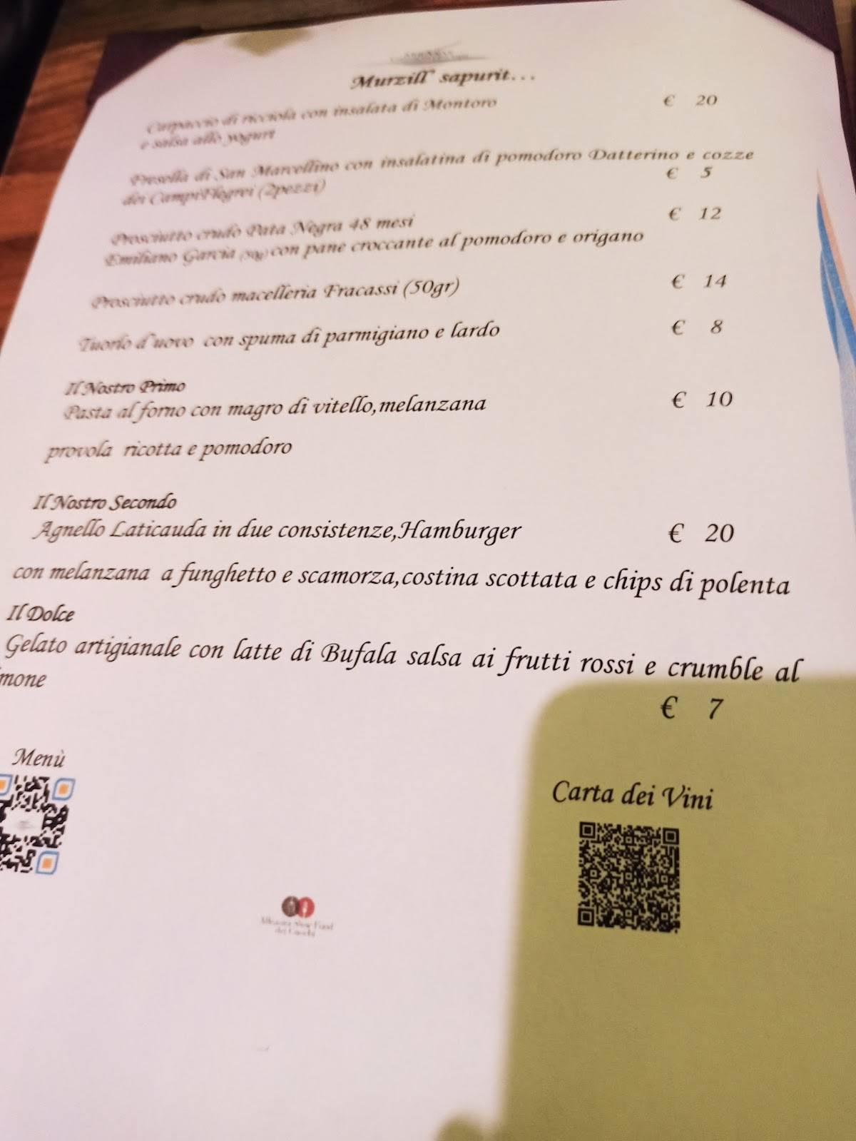 Menu at Abraxas Osteria restaurant, Pozzuoli, Via Scalandrone