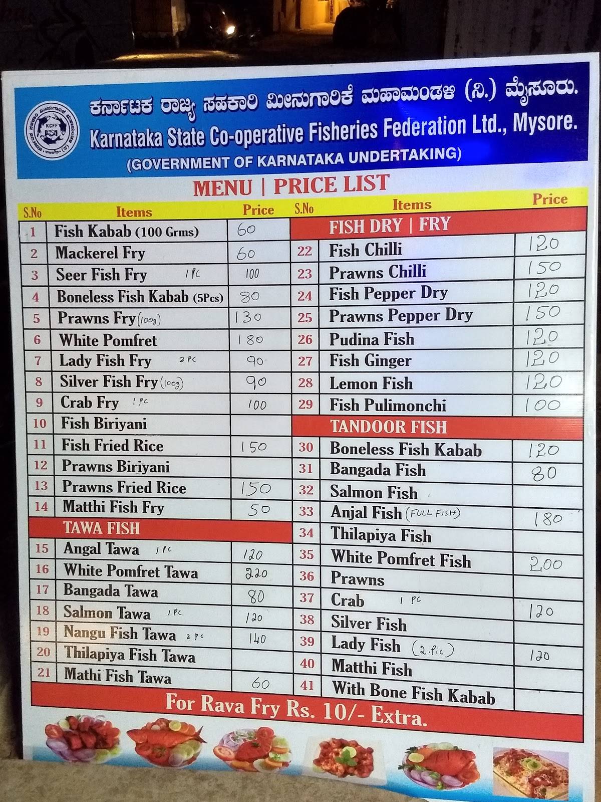 Menu at Karnataka State Cooperative Fisheries Federation Ltd