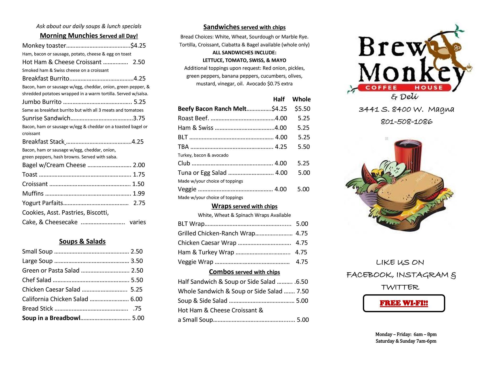 Menu at Brew Monkey Coffee House and Deli, Magna, S 8400 W