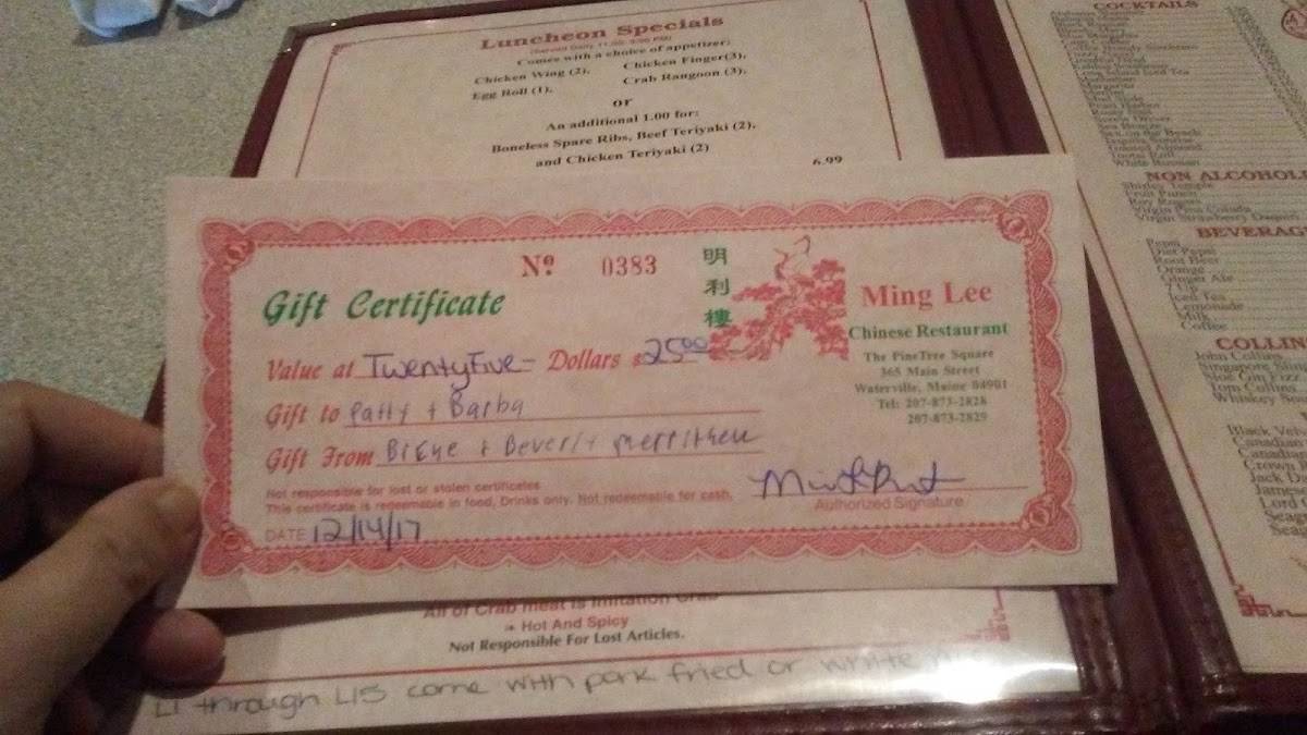 Menu at Ming Lee Chinese Restaurant, Waterville