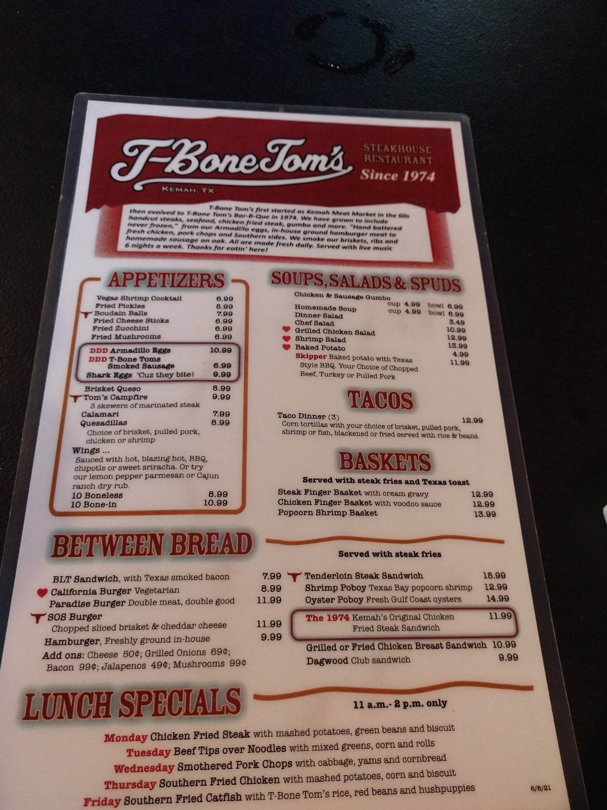 T - Bone Toms Restaurant Menu