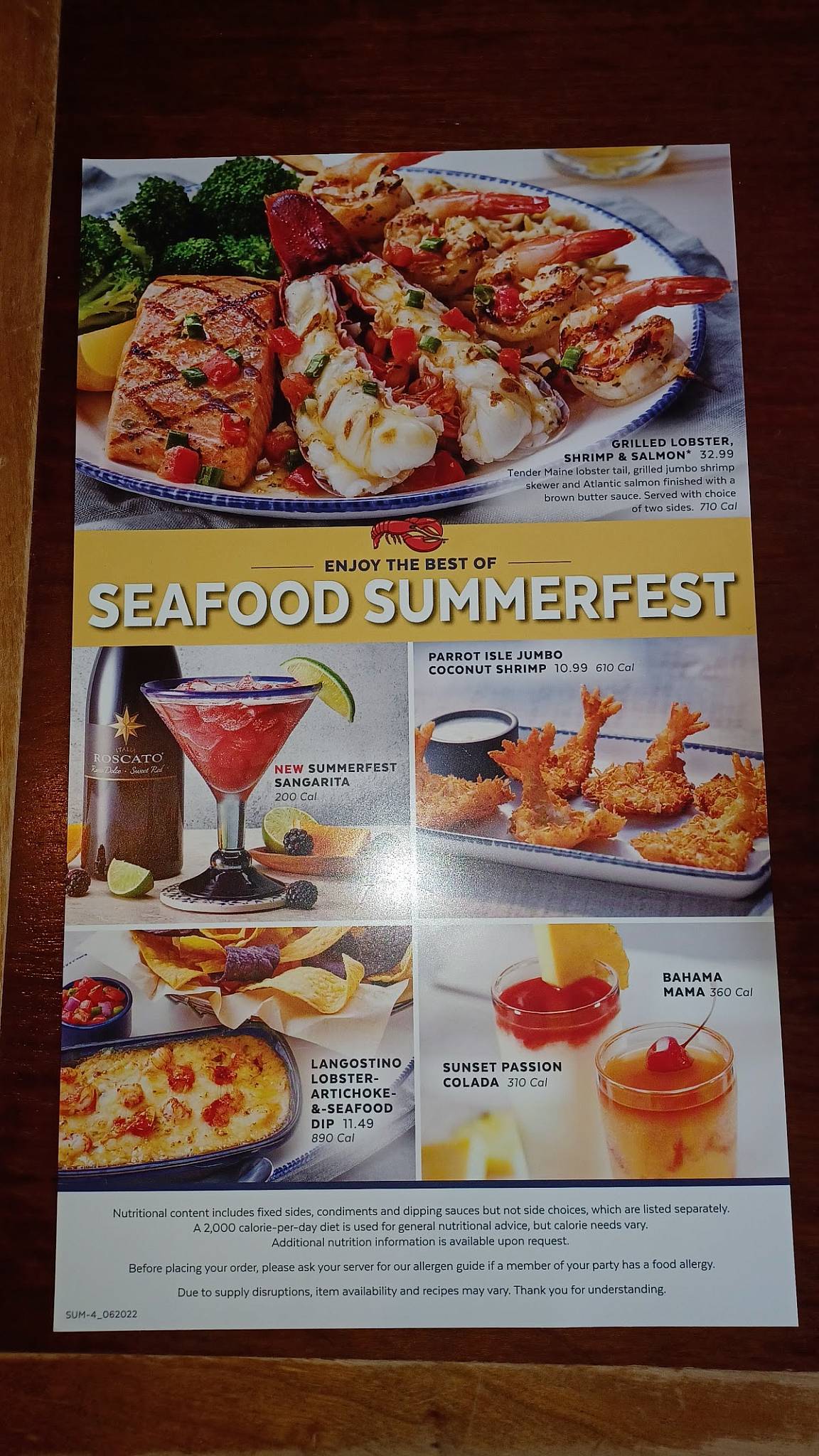 Menu at Red Lobster restaurant, Lee's Summit, VALENCIA MARKETPLACE