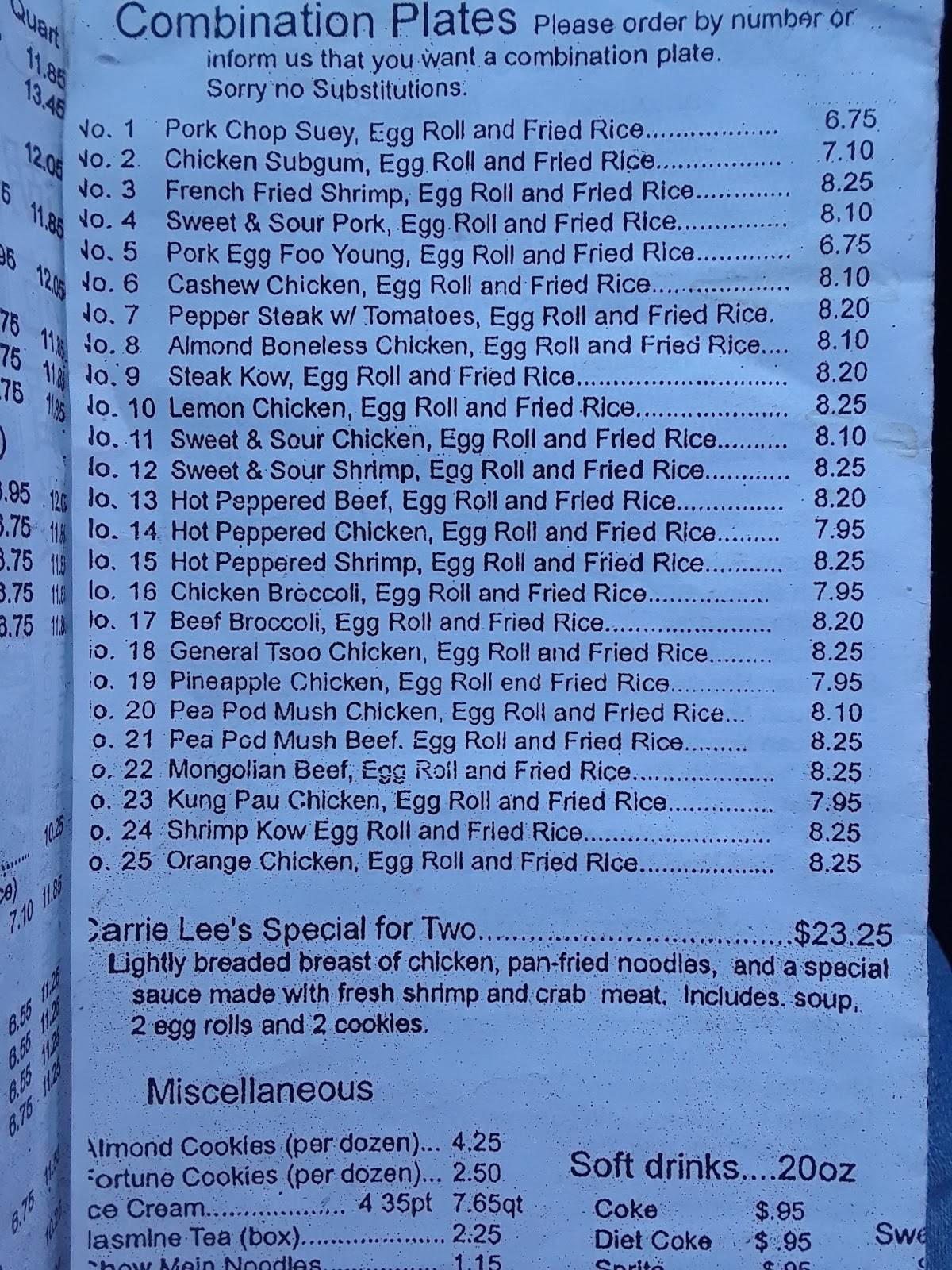 Menu at Carrie Lee's Lake Garden restaurant, Waterford Township