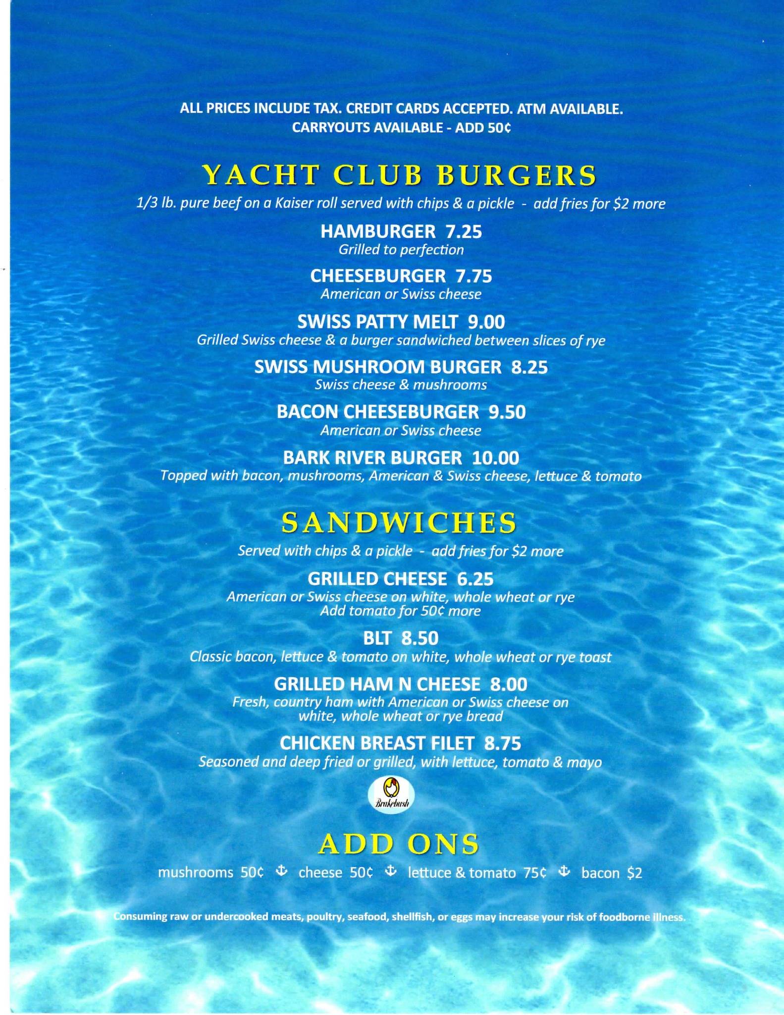 town river yacht club menu